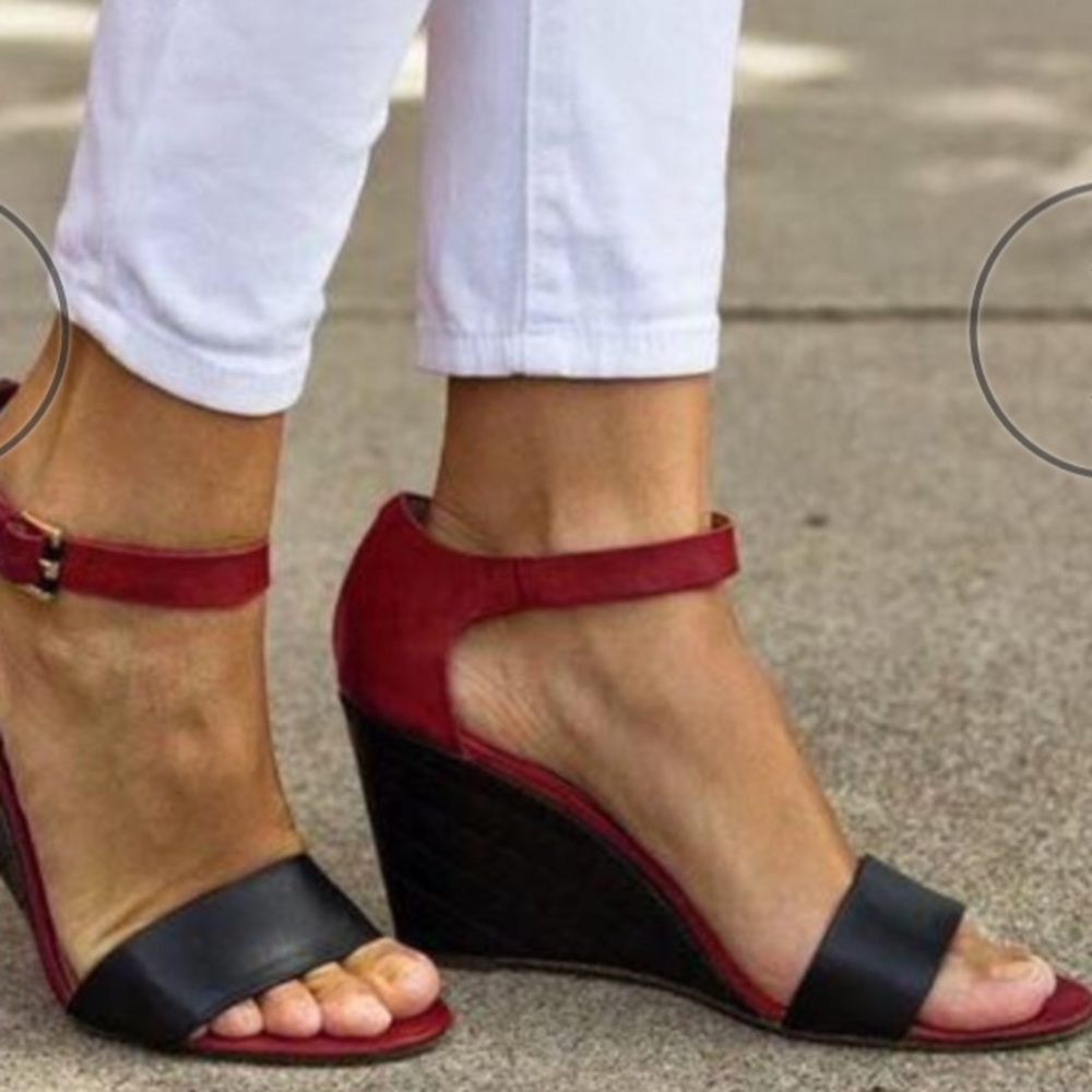 Women's Red and Black Wedge Sandals with Ankle Strap